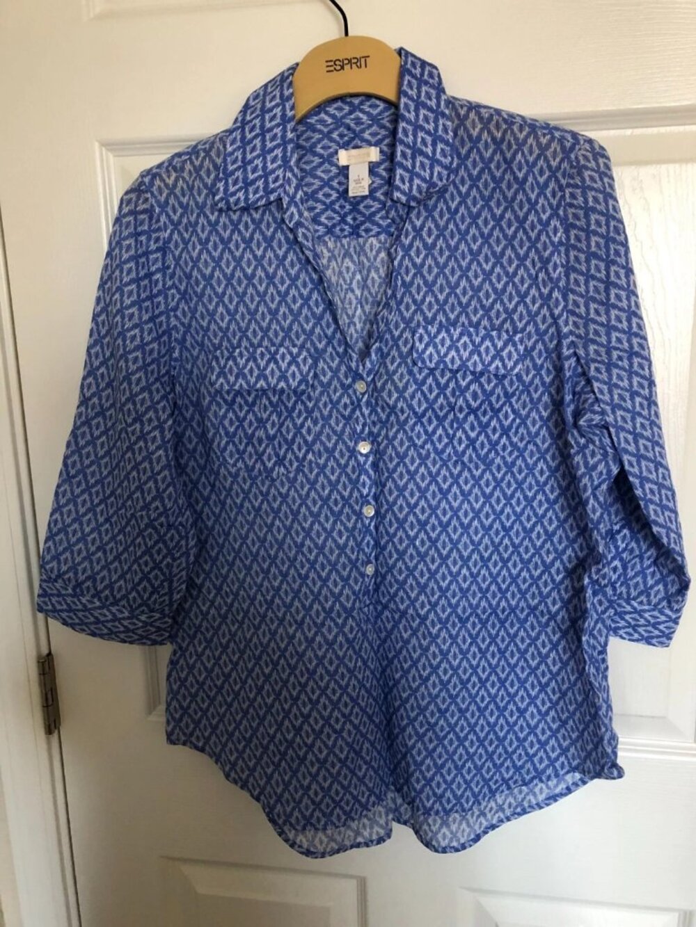 Chicos Size 1 Blue Diamond Design Linen Blend 3/4 Sleeve Blouse EUC